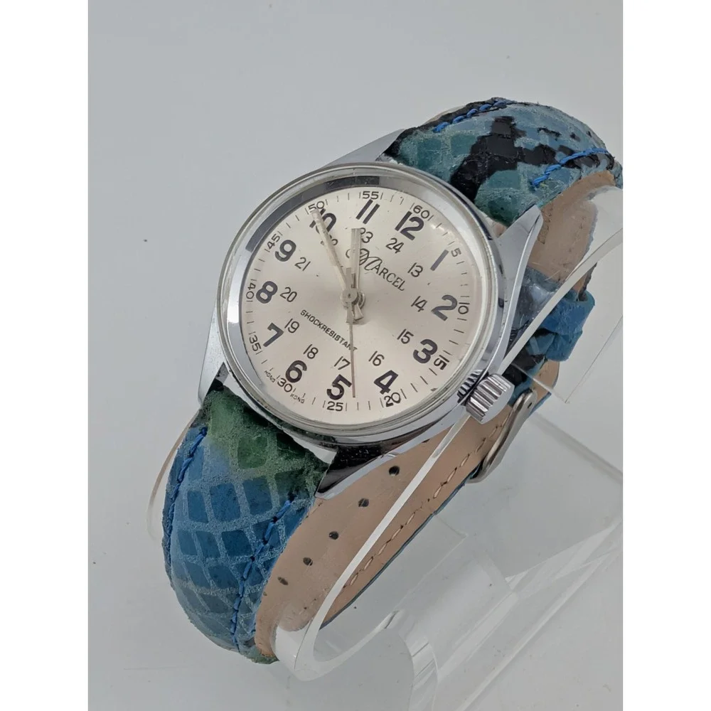 Marcel Women's Mechanical Watch 30mm Silver Case Blue Leather Band- Working